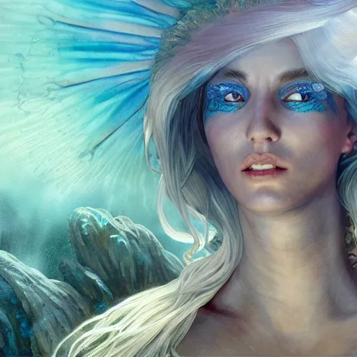 Prompt: blue-skinned mermaid robed priestess, surprised and confused looking at her raised hand in shock, dramatic, action shot, wide angle shot, D&D fantasy magic, intricate, highly detailed, digital painting, artstation, smooth, sharp focus, illustration, art by artgerm and greg rutkowski and alphonse mucha