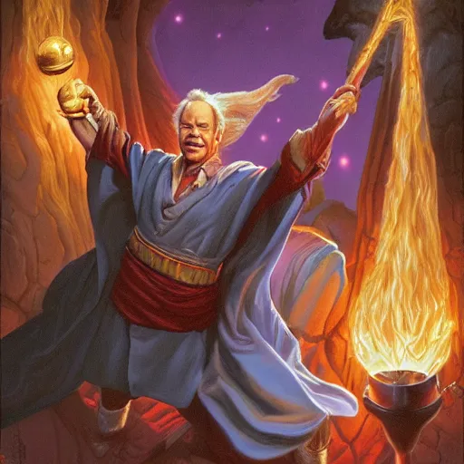 Prompt: portrait of bill murray as an angry sorcerer by tim hildebrandt and alex horley, robes, magic sparkles, detailed, glowing runes, artstation, character design, painting, dungeons and dragons