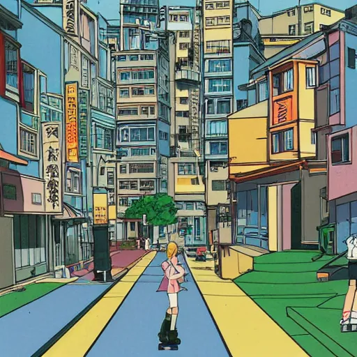 Image similar to city street, sloped street, city on tall hillside, street scene, rollerbladers grinding on rails, skaters, rollerskaters, cel - shading, 2 0 0 1 anime, flcl, jet set radio future, golden hour, japanese town, concentrated buildings, japanese neighborhood, electrical wires, cel - shaded, strong shadows, vivid hues, y 2 k aesthetic