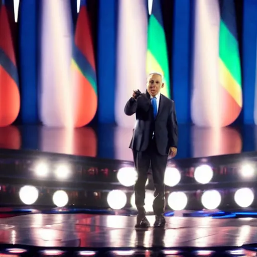 Prompt: photograph of benjamin netanyahu on stage singing in the eurovision representing israel, stage lighting, sharp focus, cinematic composition, wide shot, highly detailed