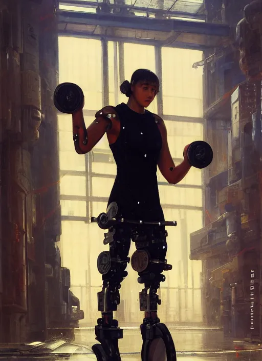 Prompt: cyberpunk olympic weightlifter with robotic arms wearing a jumpsuit ( blade runner 2 0 4 9, cyberpunk 2 0 7 7 ). orientalist portrait by john william waterhouse and james gurney and theodore ralli and nasreddine dinet, oil on canvas. cinematic, hyper realism, realistic proportions, dramatic lighting, high detail 4 k