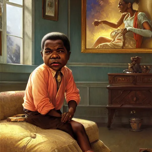 Image similar to a young Gary Coleman is sitting on his living room couch. He is dressed casually and is watching TV, Regal, Realistic, Refined, Detailed Digital Art, Josephine wall, Oil Painting, William-Adolphe Bouguereau, Art Frahm, Esao Andrews, Steampunk, Walt Disney (1937), Highly Detailed, Cinematic Lighting, Unreal Engine, 8k, HD