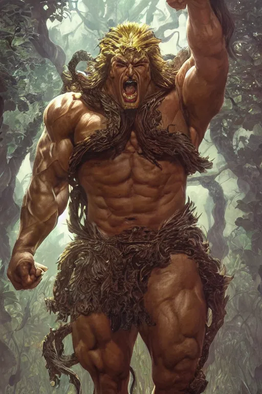 Image similar to portrait of gigachad as a hulking herculean demon, forest, godlike, full body, fantasy, intricate, elegant, highly detailed, digital painting, artstation, concept art, sharp focus, illustration, art by artgerm and greg rutkowski and alphonse mucha