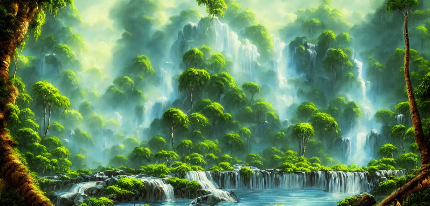 Image similar to a painting of a waterfall in the jungle, a detailed matte painting by bob ross, deviantart, fantasy art, matte painting, detailed painting, 2 d game art