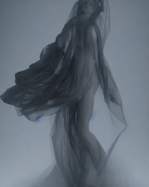 Prompt: professional concept art ethereal ghostlike valkyrie figure wrapped in dark smoke robes and silk veils by ilm, paolo roversi, nick knight, amy judd, fluid simulation in houdini, beautiful simplified form dancing with turbulent movement, dark studio background, vivid, romantic, trending on artstation, hyperrealism, matte painting, dutch golden age, fine detail, cgsociety