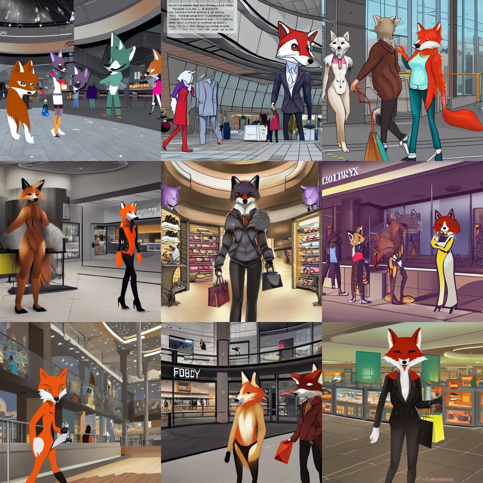 Prompt: an anthropomorphic furry fox shopping at a futuristic mall, photorealistic, hibbary, dark natasha, goldenwolf, furaffinity