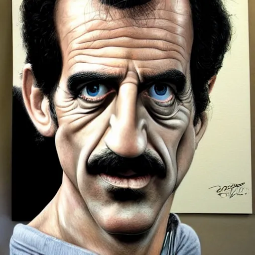 Image similar to Caricature portraits done of Frank Zappa, realistic, hyperrealistic, very realistic, highly detailed, very detailed, extremely detailed, detailed, oil painting, digital art, trending on artstation