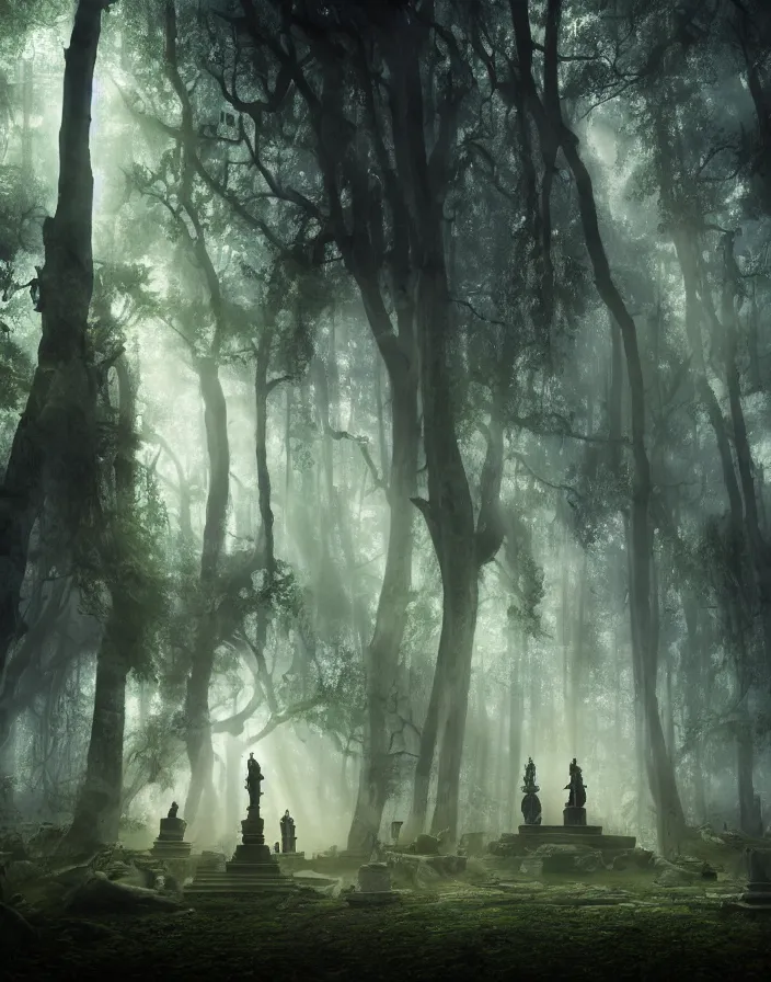 Prompt: an ancient temple with statues lost in a gigantic forest by ivan dedov, painting, cinematography, epic lighting, volumetric, fog,