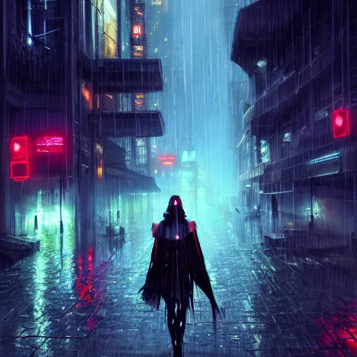 Prompt: Rain at night in a cyberpunk city, fantasy, medieval, vivid colrs, elegant, concept art, sharp focus, digital art, Hyper-realistic, 4K, Unreal Engine, Highly Detailed, HD, Dramatic Lighting by Brom, trending on Artstation