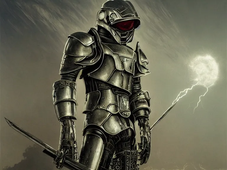 Image similar to a detailed profile painting of a bounty hunter in silver knight inspired armour and visor. cinematic sci-fi poster. Cloth and metal. Welding, fire, flames, samurai Flight suit, accurate anatomy portrait symmetrical and science fiction theme with lightning, aurora lighting clouds and stars. Clean and minimal design by beksinski carl spitzweg giger and tuomas korpi. baroque elements. baroque element. intricate artwork by caravaggio. Oil painting. Trending on artstation. 8k