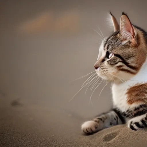 Prompt: realistic photo of a cute cat chilling out on the beach