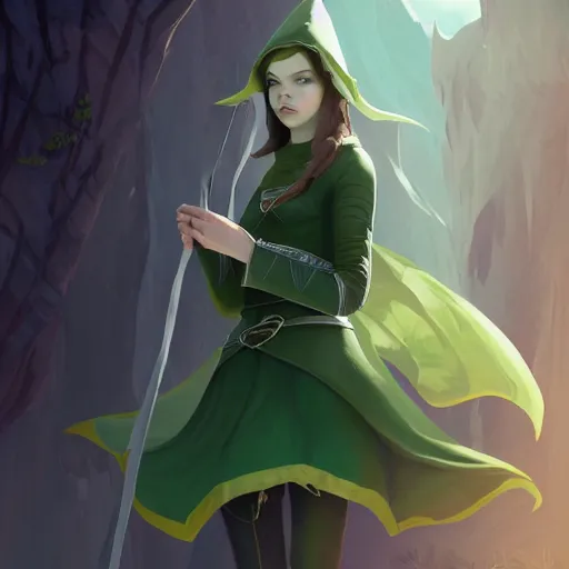 Image similar to Portrait of Anya Taylor-Joy as an elf ranger, pale green hooded cloak, lord of the rings, mattepainting concept Blizzard pixar maya engine on stylized background splash comics global illumination lighting artstation lois van baarle, ilya kuvshinov, rossdraws