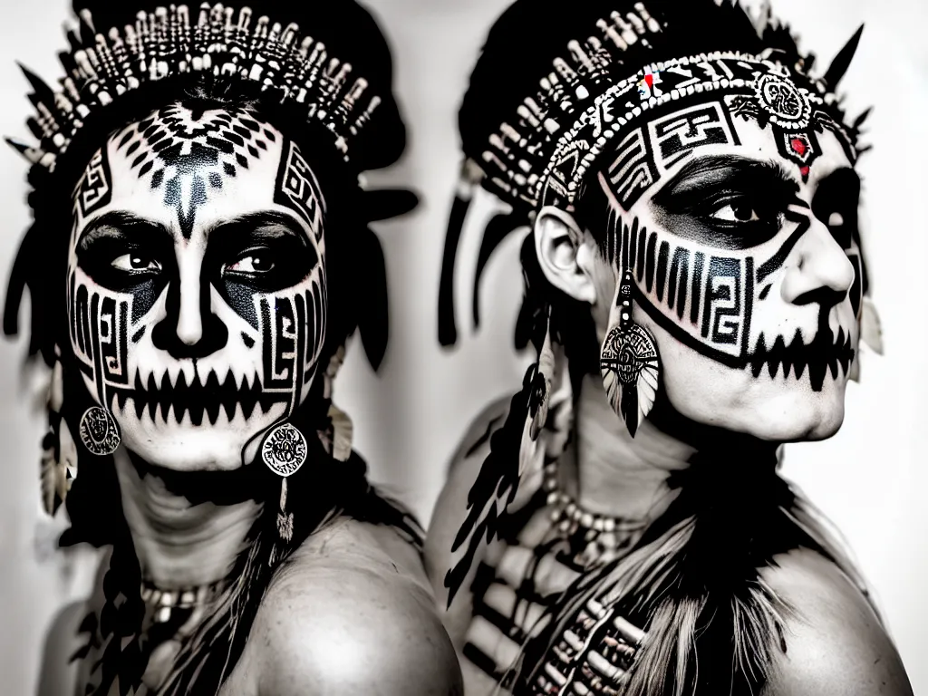 Prompt: photorealistic head and shoulders photo of beautiful female ornate fantasy indian tribal aztec warrior goddess, confident, minimal black skull warpaint, tattoos, Neil Blevins, James Paick, Natasha Tan, Maciej Kuciara, Frank frazetta, arney freytag, Ritu Kumar, Sabyasachi Mukherjee, Annie Leibowitz, bokeh, 4k, fashion pose, cinematic, National Geographic photo shoot, dramatic, 28mm