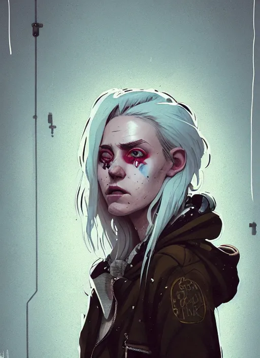 Prompt: highly detailed portrait of a sewer punk swedish lady, tartan hoody, white hair by atey ghailan, by greg rutkowski, by greg tocchini, by james gilleard, by joe fenton, by kaethe butcher, gradient light blue, brown, blonde cream and white color scheme, grunge aesthetic!!! ( ( graffiti tag wall background ) )