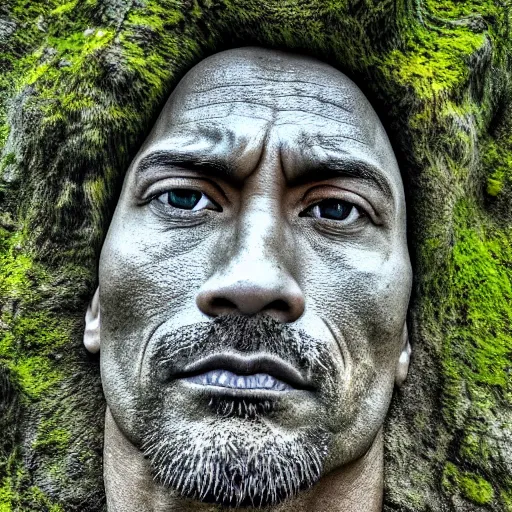 Image similar to a grey mossy rock with the face of dwayne johnson, shot on iphone 1