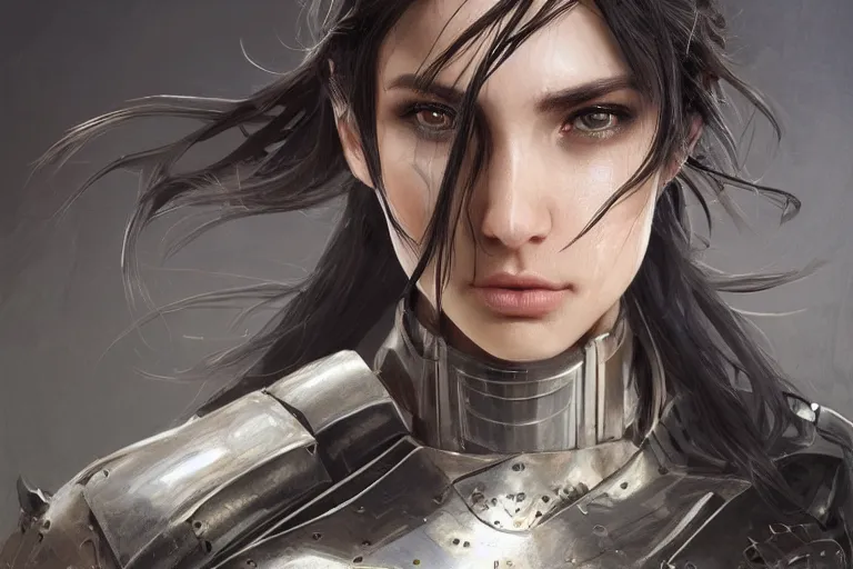 Prompt: a portrait of an attractive young woman, clothed in battle armor, olive skin, long dark hair, beautiful bone structure, symmetrical facial features, intricate, elegant, highly detailed, digital painting, trending on Artstation, concept art, smooth, sharp focus, illustration, from Metal Gear by Ruan Jia and Mandy Jurgens and Artgerm and greg rutkowski and william-adolphe bouguerea, award winning