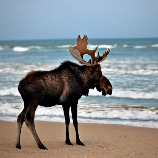 Prompt: photo of a moose at the beach in Tel Aviv, 50mm, beautiful photo