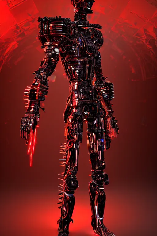 Image similar to full-body cyberpunk style sculpture of a young handsome dark god of battle, half android with a head opening exposing circuitry, glowing red eyes, black roses, flowing blood-red colored silk, fabric, candles. baroque elements, genetically augmented cyborg male. full-length view. baroque element. intricate artwork by caravaggio. Trending on artstation, octane render, cinematic lighting from the right, very very very very long curly blond hair, hyper realism, octane render, 8k, depth of field, 3D