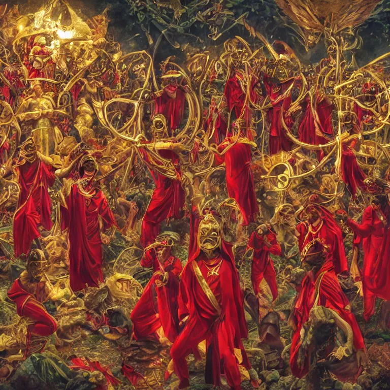 Prompt: pov of man being sacrifice by members of esoteric cult, ektachrome hyper realistic and detailed, wear heavy red ornemental costumes and elongate gold masks and jewels