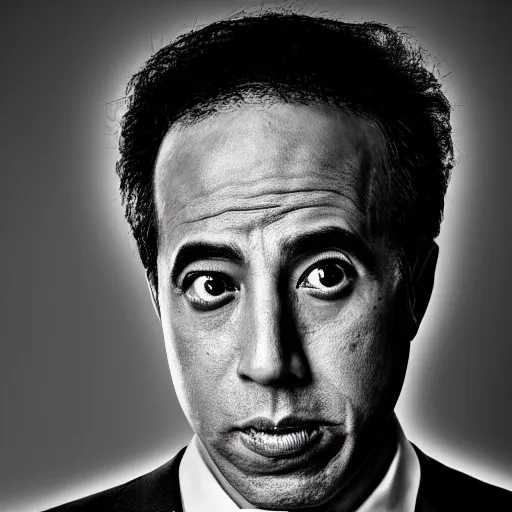Prompt: Black and white portrait photograph of asian Jerry Seinfeld. 8k resolution. Time magazine. Dramatic lightning. Serious.