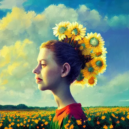 Image similar to girl with a giant daisies head, surreal photography, flower field, sunset dramatic light, impressionist painting, colorful clouds, blue sky, digital painting, artstation, simon stalenhag