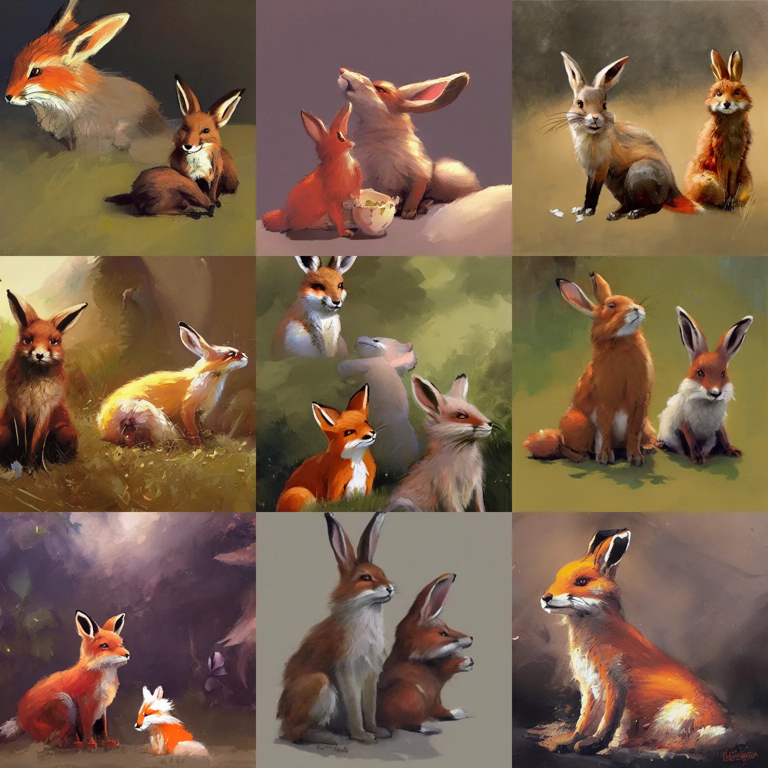 Prompt: a rabbit sitting next to a fox, fox sitting next to a rabbit, stanley lau and gregory manchess and greg rutkowski, happy, whimsical, silly