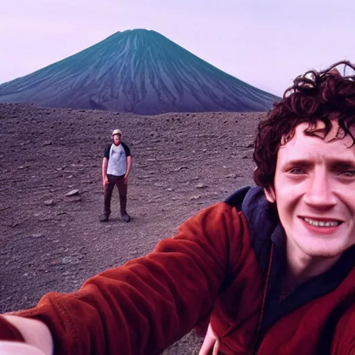 Prompt: frodo and sam take a selfie at mount doom, cinestill colour, anamorphic