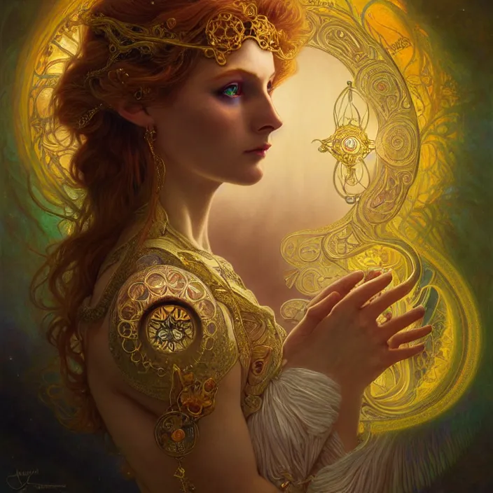 Prompt: psychedelic Lyra the Golden Compass, LSD, diffuse lighting, fantasy, intricate, elegant, highly detailed, lifelike, photorealistic, digital painting, artstation, illustration, concept art, smooth, sharp focus, art by John Collier and Albert Aublet and Krenz Cushart and Artem Demura and Alphonse Mucha