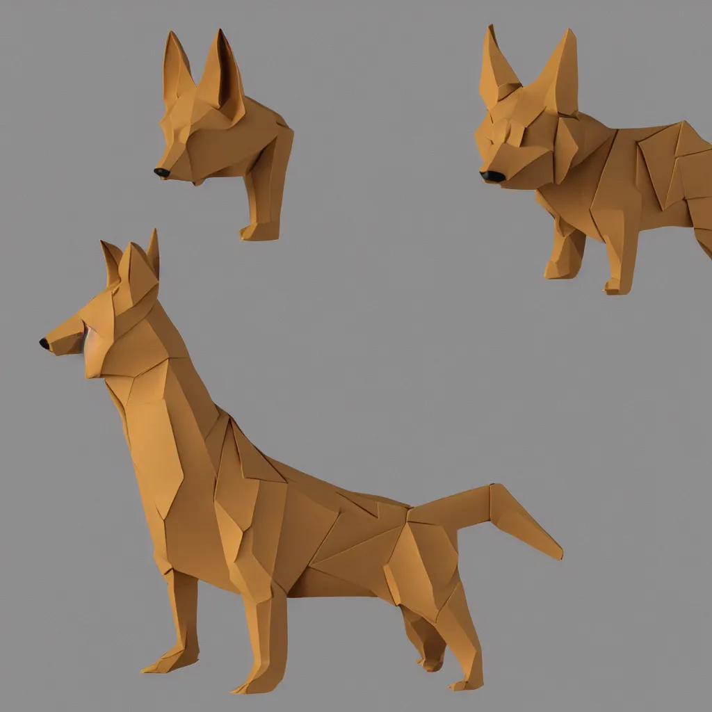 Image similar to 3 d rendering of japanese cardboard origami of simple shape of german shepherd, 2 d image, trending on artstation