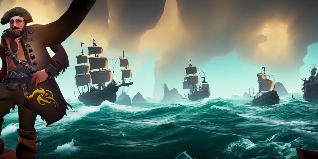 Image similar to portrait of sea of thieves characters, sea of thieves screenshot, storm, unreal engine, digital art, kraken monster