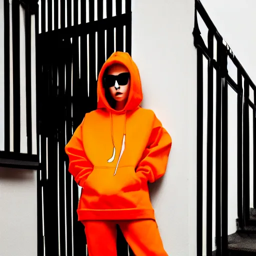 Prompt: un ultra high definition modern streetwear art photographic portrait of a fictional female fine artist named oxoxoxox oxoxox standing outside her london home wearing all orange. three point light. golden hour, golden ratio, ray tracing, volumetric light and shadow, shallow depth of field.