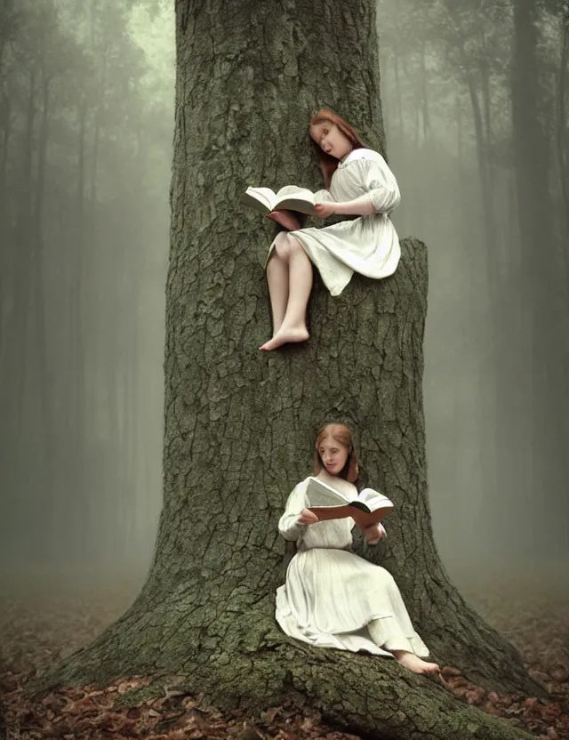 Image similar to peasant Girl in white reading a book sitting on a tree in a foggy forest, Cinematic focus, Polaroid photo, vintage, neutral colors, soft lights, by Steve Hanks, by Serov Valentin, by lisa yuskavage, by Andrei Tarkovsky 8k render, detailed, oil on canvas