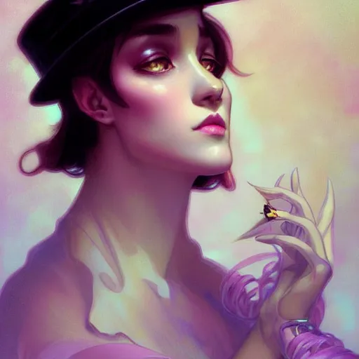 Image similar to close portrait of a fancy cat with a top hat, vaporwave, highly detailed, digital painting, artstation, concept art, smooth, sharp focus, illustration, art by artgerm and greg rutkowski and alphonse mucha