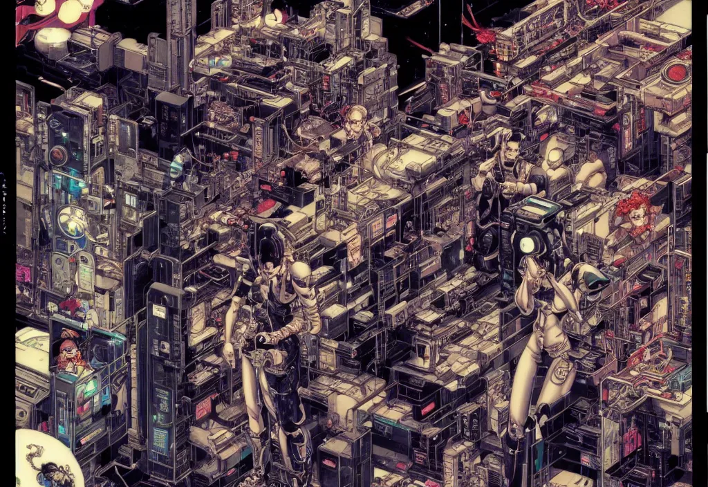 Prompt: shot of film by cyberpunk syle cyborg walking in server room in datacenter by yoichi hatakenaka, by masamune shirow, by josan gonzales and dan mumford, by ayami kojima, by takato yamamoto, by barclay shaw, by karol bak, by yukito kishiro