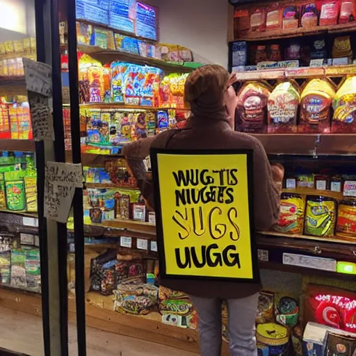 Prompt: bodega with sign saying “ bodega nugg ”