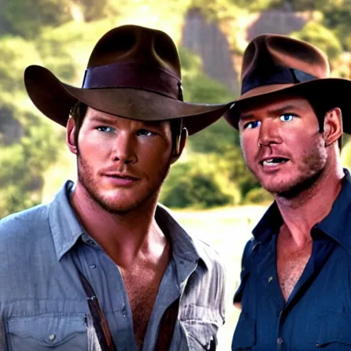 Image similar to a photo of chris pratt as indiana jones together with harrison ford, cinematic, natural lighting, genuine smile