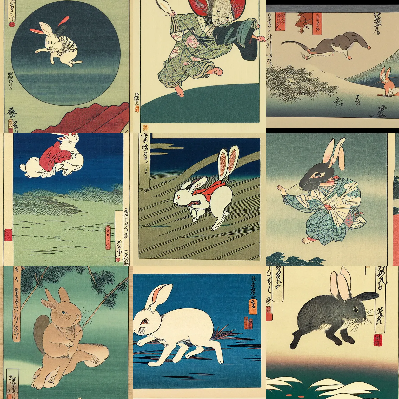 Prompt: an ukiyo-e woodblock print of a cute rabbit jumping across a meadow, very beautiful, by hokusai