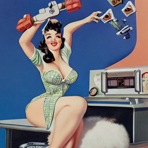 Prompt: a pin up girl holding a videogame controller, by Alberto Vargas, highly detailed and intricate