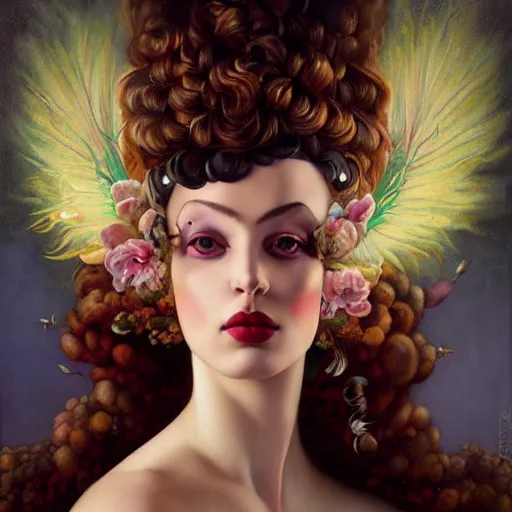 Prompt: dynamic composition, a painting of a woman with green eyes and hair made of peacock plummage, a surrealist painting by Tom Bagshaw and Jacek Yerga and Tamara de Lempicka and Jesse M. King, featured on cgsociety, pop surrealism, surrealist, dramatic lighting, wiccan, pre-raphaelite, ornate gilded details