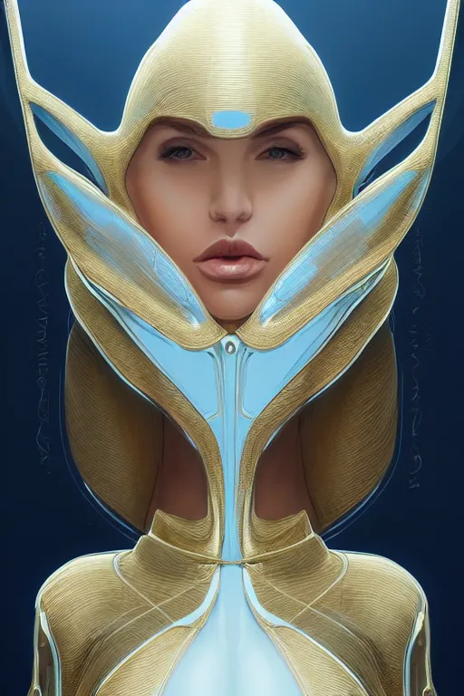 Image similar to detailed portrait glam cyber noun, attractive feminine curves, intricate, scifi, futuristic, elegant cape, elegant, alien room background, white, blue, gold, photorealism, trending on artstation, holy halo, advanced technology, art by moebius and vitaly bulgarov and chanthara