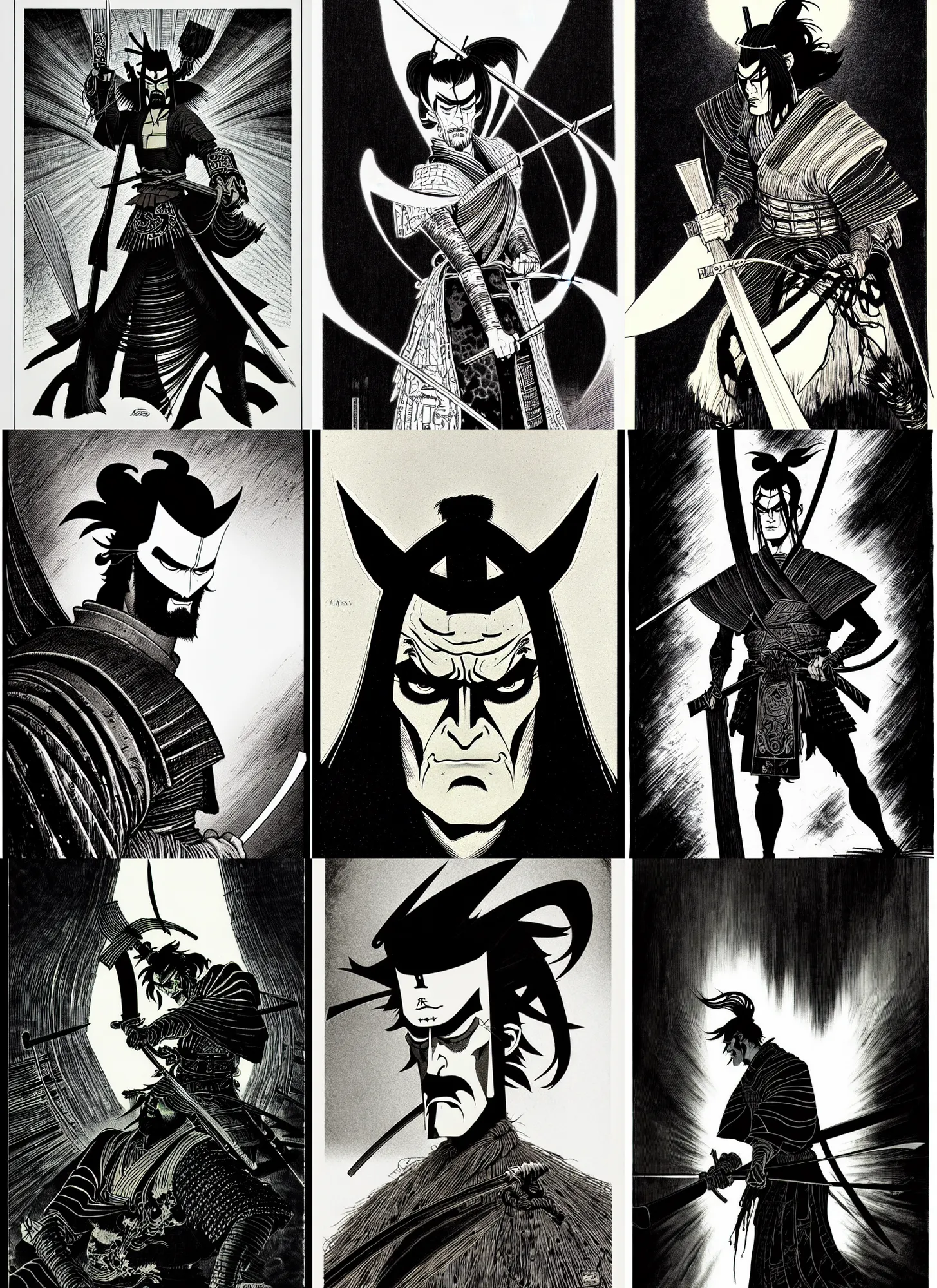 Prompt: samurai jack portrait dramatic light, by bernie wrightson and simon bisley and joe fenton, inspired victorian sci - fi, etching, fine, sharp high detail, duotone screen print,