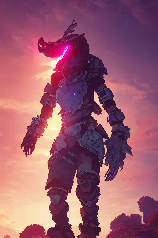 Image similar to combination suit armor aloy horizon forbidden west horizon zero dawn radiating a glowing aura global illumination ray tracing hdr fanart arstation by ian pesty and alena aenami artworks in 4 k tribal robot ninja mask helmet backpack