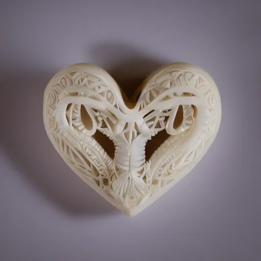 Prompt: intricate heart delicately carved into block of ivory, bioluminescence, tendrils canon 5 d 5 0 mm lens