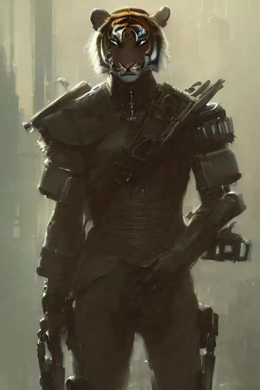 Image similar to portrait male anthro tiger dressed in military clothes character full body precis no blur, concept art, character sheet, nier automata, gaston bussiere, greg rutkowski, tsutomu nihei, cyberpunk, trending on artstation, featured on pixiv, hyper detail, cinematic composition, 8 k, detailed face