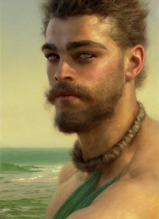 Image similar to detailed cinematic wide shot of muscular attractive young mulatto man beard slim face symmetrical face tanskin green eyes white hair wearing sea clothes, ultra realistic, spring light, painting by gaston bussiere, craig mullins, j. c. leyendecker