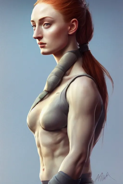 Image similar to Sophie Turner with a ponytail, anatomy, only two hands, highly detailed, digital painting, artstation, concept art, smooth, sharp focus, illustration, Unreal Engine 5, 8K, art by art by artgerm and greg rutkowski and edgar maxence