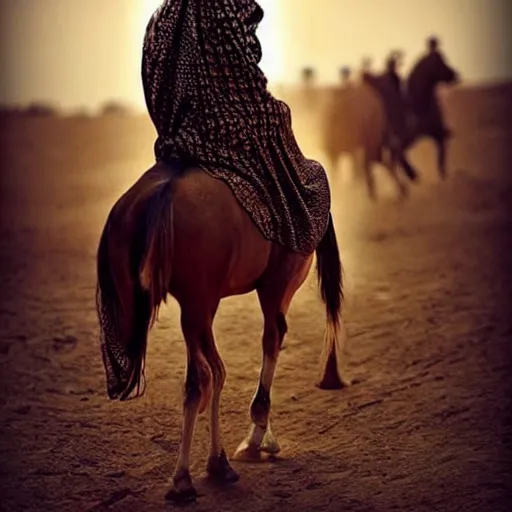 Prompt: beautiful burqa's woman, ride horse in saharan, dress like taliban, riffle on chest, dust, cinematic, dynamic pose, pinterest