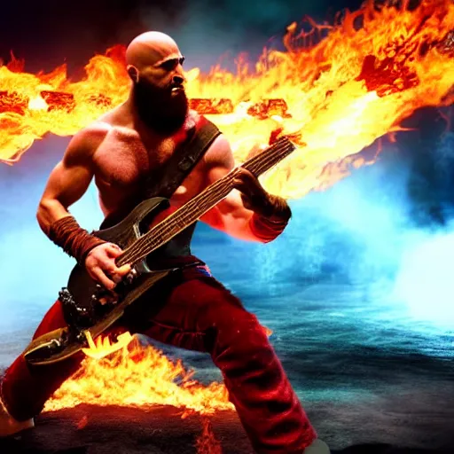 Image similar to kratos shredding on a flaming stratocaster guitar, cinematic render, god of war 2 0 1 8, santa monica studio official media, lightning, spartan rage, accurate head