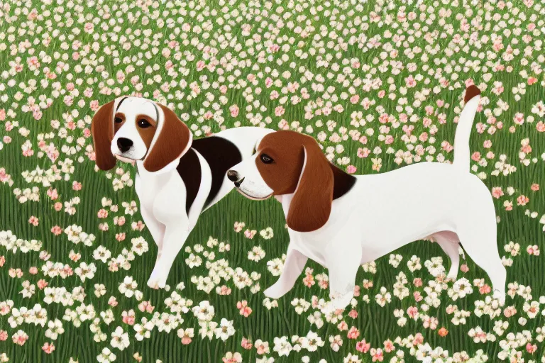 Image similar to white and brown beagle dog playing a flowery field by Hsiao-Ron Cheng