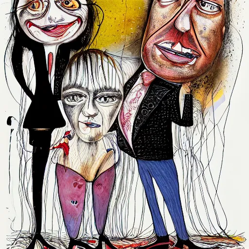 Prompt: a detailed painting titled me my sister and her boyfriend by gerald scarfe and ralph steadman